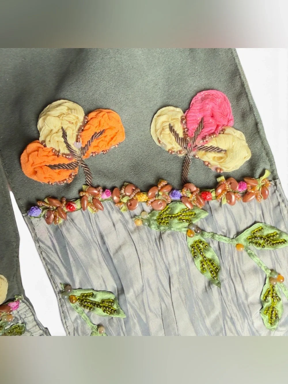 Vintage Mary Frances 100% Silk Beaded Scarf Olive Green Floral Tulip Fringe